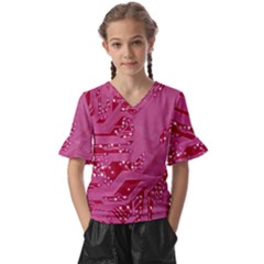 Pink Circuit Pattern Kids  V-neck Horn Sleeve Blouse by Ket1n9