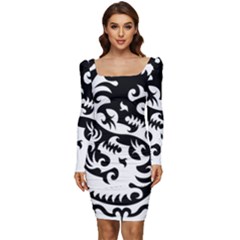 Ying Yang Tattoo Women Long Sleeve Ruched Stretch Jersey Dress by Ket1n9