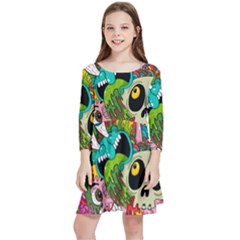 Crazy Illustrations & Funky Monster Pattern Kids  Quarter Sleeve Skater Dress by Ket1n9