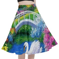 Swan Bird Spring Flowers Trees Lake Pond Landscape Original Aceo Painting Art A-line Full Circle Midi Skirt With Pocket by Ket1n9