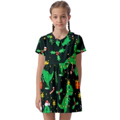 Christmas Funny Pattern Dinosaurs Kids  Asymmetric Collar Dress by Ket1n9