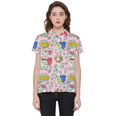 Seamless Pattern With Many Funny Cute Superhero Dinosaurs T-rex Mask Cloak With Comics Style Inscrip Short Sleeve Pocket Shirt by Ket1n9