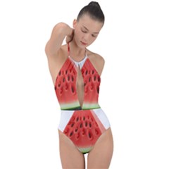 Seamless Background With Watermelon Slices Plunge Cut Halter Swimsuit by Ket1n9