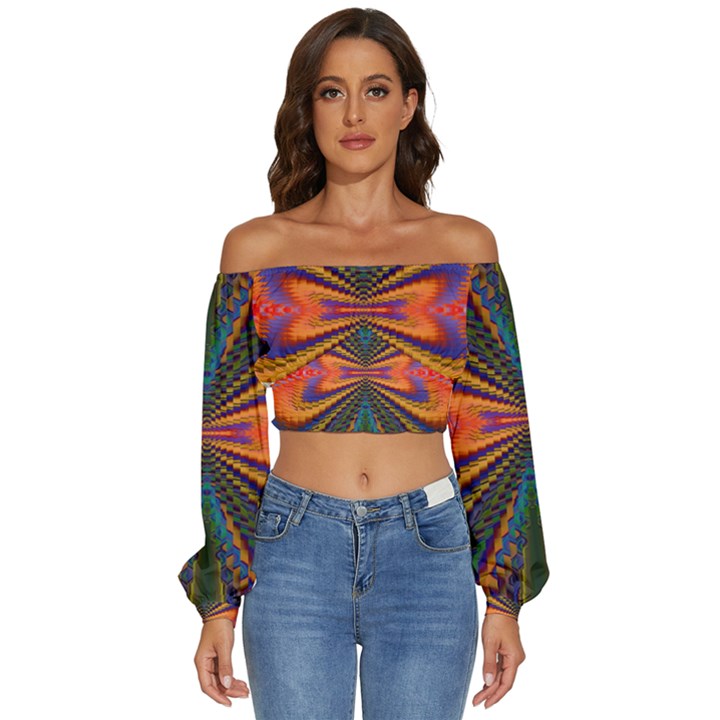 Casanova Abstract Art-colors Cool Druffix Flower Freaky Trippy Long Sleeve Crinkled Weave Crop Top