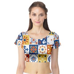 Mexican Talavera Pattern Ceramic Tiles With Flower Leaves Bird Ornaments Traditional Majolica Style Short Sleeve Crop Top by Ket1n9