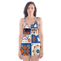 Mexican Talavera Pattern Ceramic Tiles With Flower Leaves Bird Ornaments Traditional Majolica Style Skater Dress Swimsuit by Ket1n9