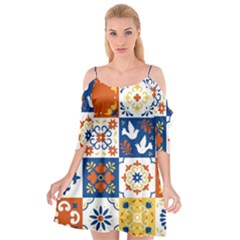 Mexican Talavera Pattern Ceramic Tiles With Flower Leaves Bird Ornaments Traditional Majolica Style Cutout Spaghetti Strap Chiffon Dress by Ket1n9