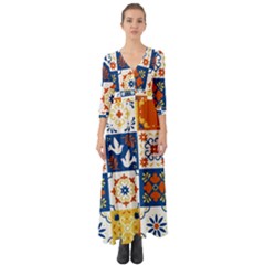 Mexican Talavera Pattern Ceramic Tiles With Flower Leaves Bird Ornaments Traditional Majolica Style Button Up Boho Maxi Dress by Ket1n9