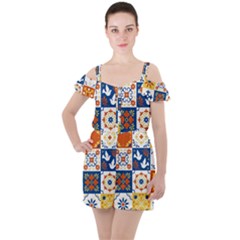 Mexican Talavera Pattern Ceramic Tiles With Flower Leaves Bird Ornaments Traditional Majolica Style Ruffle Cut Out Chiffon Playsuit by Ket1n9