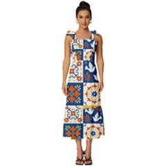 Mexican Talavera Pattern Ceramic Tiles With Flower Leaves Bird Ornaments Traditional Majolica Style Tie-strap Tiered Midi Chiffon Dress by Ket1n9