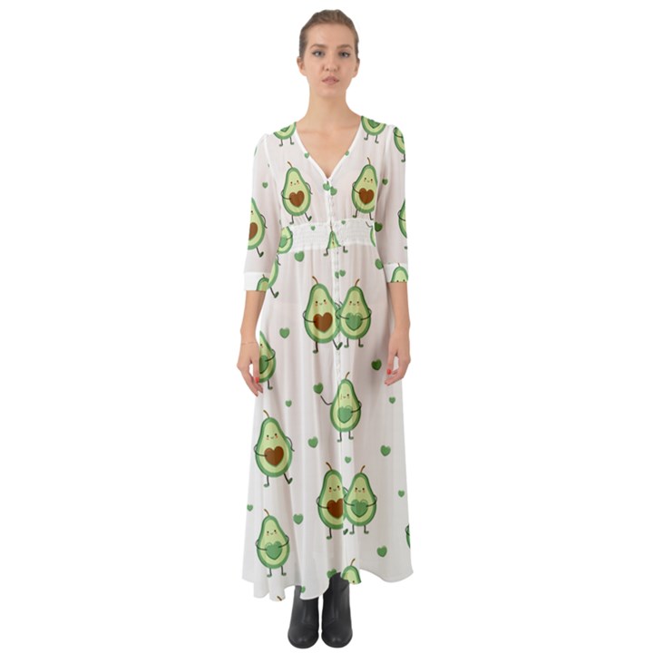 Cute Seamless Pattern With Avocado Lovers Button Up Boho Maxi Dress