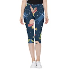 Seamless Pattern With Funny Alien Cat Galaxy Inside Out Lightweight Velour Capri Leggings  by Ndabl3x