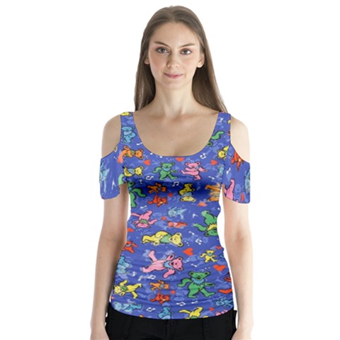 Grateful Dead Bears Pattern Butterfly Sleeve Cutout T-shirt  by Cendanart