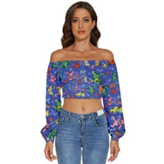 Grateful Dead Bears Pattern Long Sleeve Crinkled Weave Crop Top by Cendanart