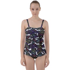 Time Nonlinear Curved Undirected Twist Front Tankini Set by Paksenen