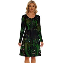 Circuits Circuit Board Green Technology Long Sleeve Dress With Pocket by Ndabl3x