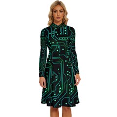 Circuits Circuit Board Green Long Sleeve Shirt Collar A-line Dress by Ndabl3x