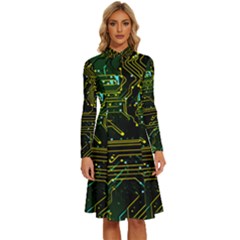 Circuits Circuit Board Yelow Long Sleeve Shirt Collar A-line Dress by Ndabl3x