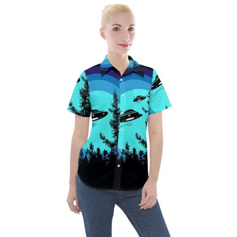 Ufo Alien Night Sky Night Women s Short Sleeve Pocket Shirt by Cendanart