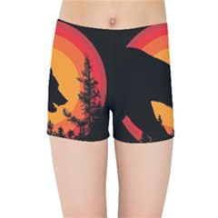 Forest Bear Silhouette Sunset Kids  Sports Shorts by Cendanart