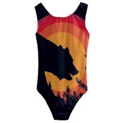 Forest Bear Silhouette Sunset Kids  Cut-out Back One Piece Swimsuit by Cendanart