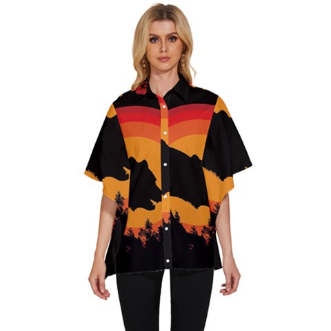 Forest Bear Silhouette Sunset Women s Batwing Button Up Shirt by Cendanart