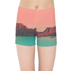 Brown Mountain Illustration Sunset Digital Art Mountains Kids  Sports Shorts by Cendanart