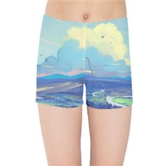 Mountains And Trees Illustration Painting Clouds Sky Landscape Kids  Sports Shorts by Cendanart