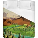 River Between Green Forest With Brown Mountain Duvet Cover (California King Size) View1