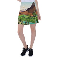 River Between Green Forest With Brown Mountain Tennis Skirt by Cendanart