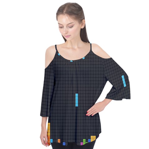 Tetris Game Flutter Sleeve T-shirt  by Cendanart