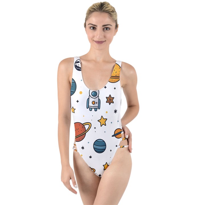 Set Cartoon Symbol Pattern High Leg Strappy Swimsuit