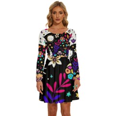 Rainbow Fun Cute Minimal Doodle Long Sleeve Wide Neck Velvet Dress by Bedest