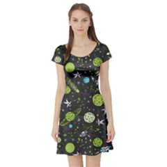 Space Green Short Sleeve Skater Dress by CoolDesigns