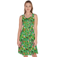 Green Snails Mushrooms Pattern Knee Length Skater Dress With Pockets by CoolDesigns