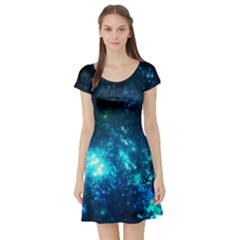 Shining Blue Star Black A Fun Night Sky The Moon And Stars Short Sleeve Skater Dress by CoolDesigns