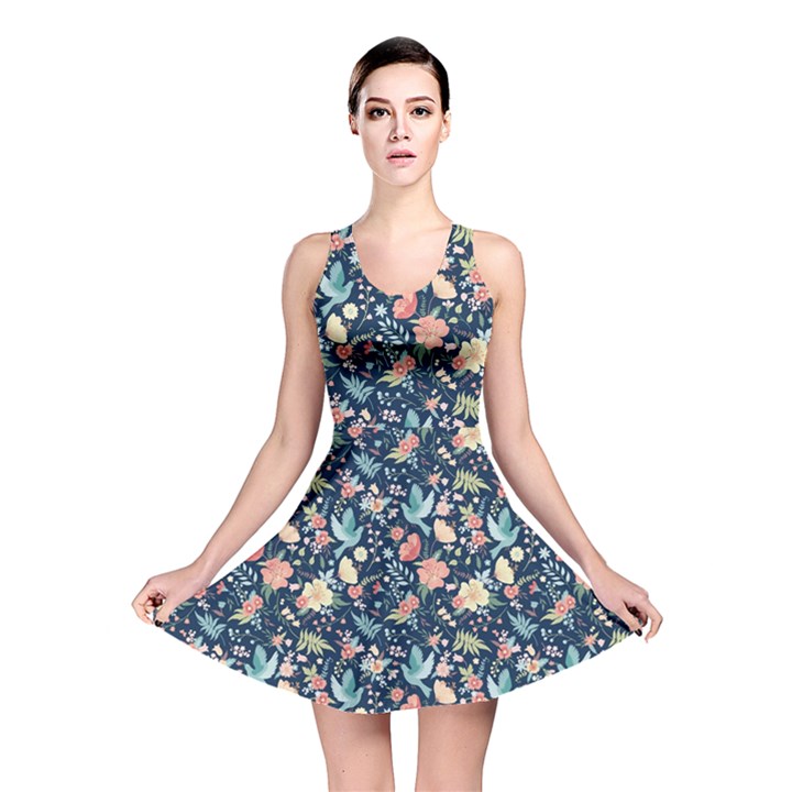 Navy Birdy Colorful Daisies Pattern Reversible Skater Dress