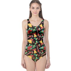 Xmas Bell Dark Black Christmas Pattern Pattern Women s One Piece Swimsuit by CoolDesigns