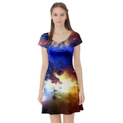 One Light Black A Fun Night Sky The Moon And Stars Short Sleeve Skater Dress by CoolDesigns