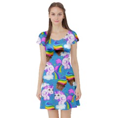 Rainbow Sky Blue Unicorn Poop Print Short Sleeve Skater Dress by CoolDesigns