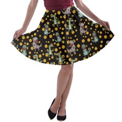 Pixeled Dinosaur Pattern T-rex Black Gray A-line Skater Skirt by CoolDesigns