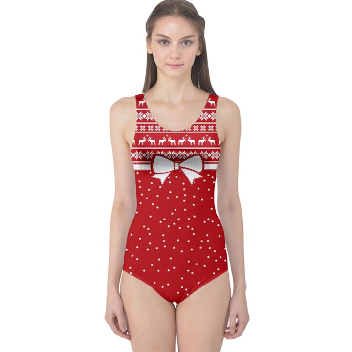 Red Ribbon Black Christmas Pattern Pattern Women s One Piece Swimsuit