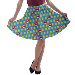 Mushroom Sky Blue Coins Pixeled Print A-line Skater Skirt by CoolDesigns