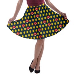 Mushroom Dark Slate Gray Coins Pixeled Print A-line Skater Skirt by CoolDesigns