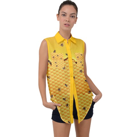 Bee Honeycombs Yellow Honey Insect Sleeveless Chiffon Button Shirt by CoolDesigns