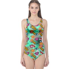 Aquamarine Lips Pop Art One Piece Swimsuit by CoolDesigns