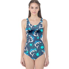 Pattern Sharks Dark Steel Blue One Piece Swimsuit by CoolDesigns