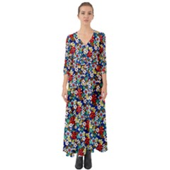 Multicolored Flowers Blue Button Up Boho Maxi Dress by CoolDesigns