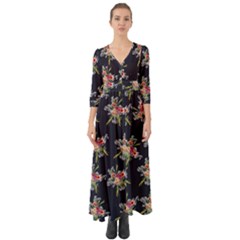 Black Flowers Button Up Boho Maxi Dress by CoolDesigns