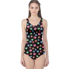 Footprint Dark Colorful Doodle Dogs And Cats Pattern One Piece Swimsuit by CoolDesigns